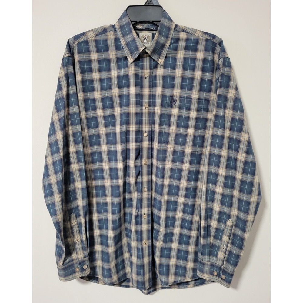 Cinch Button Down Shirt Mens M Blue Plaid Western Rodeo Long Sleeve Logo